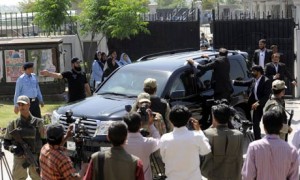 A vehicle carrying the former president exits the court. Photograph: T Mughal/EPA 