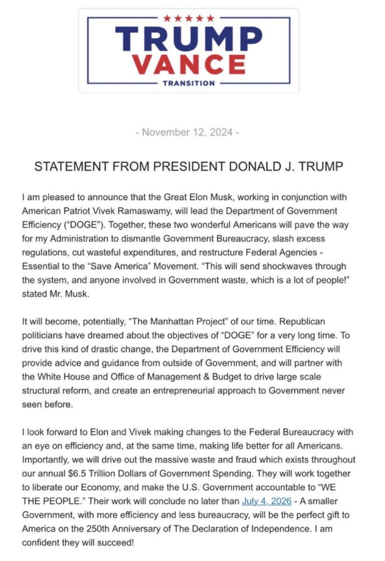 Statement from President Donald J. Trump, November 12, 2024